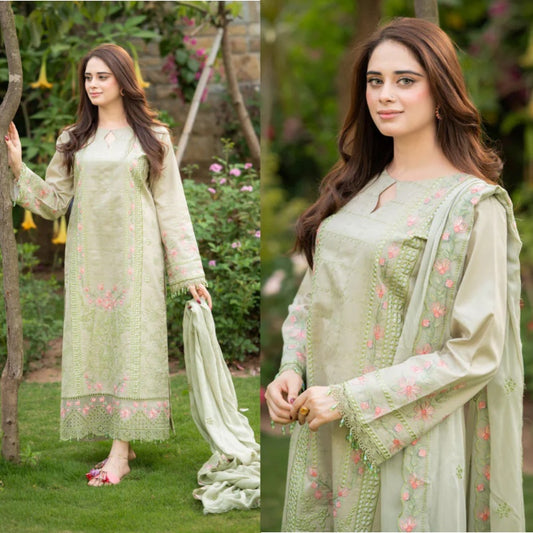 3PCS Dhanak Embroidered Shirt with Organza Embroidered Dupatta Winter Collection ULM- 3386