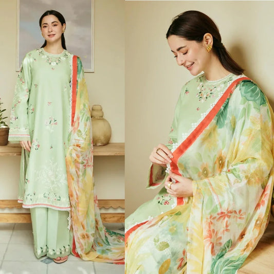 3PCS Dhanak-Embroidered Shirt with Digital Printed Wool Shawl Winter Collection ULM- 3238