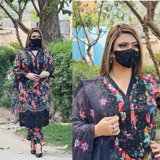 3PCS KARANDI PRINTED SHIRT WITH KARANDI PRINTED DUAPTTA AND TROUSER Winter Collection ULM-1707