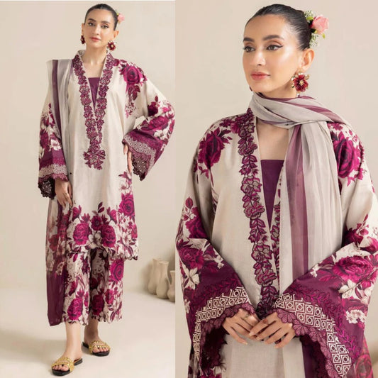 3PCS KARANDI PRINTED SHIRT WITH KARANDI PRINTED DUAPTTA AND TROUSER Winter Collection ULM-1706