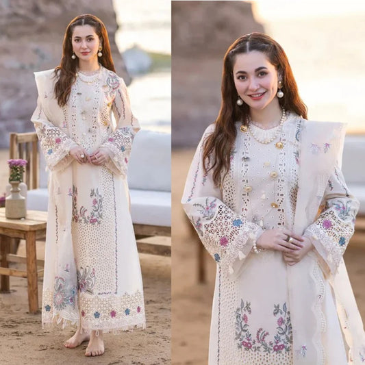 3PCS QALAMKAR Dhanak Embroidered Shirt With Organza Embroidered Dupatta Winter Collection ULM- 3115