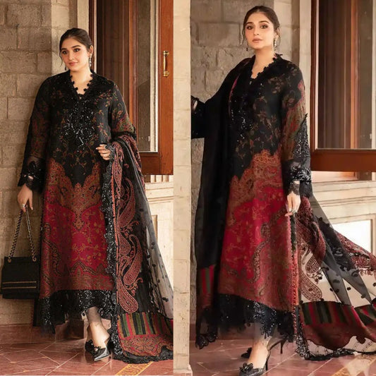 3PCS KARANDI PRINTED SHIRT WITH KARANDI PRINTED DUAPTTA AND TROUSER Winter Collection ULM -1709