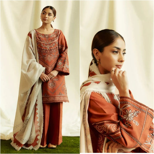 3PCS ZARA SHAHJAHAN Dhanak Embroidered Shirt With Digital Printed Shawl Winter Collection ULM-280