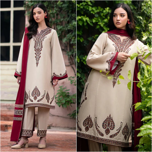 3PCS Jazmin Dhanak Embroidered With Digitak Printed Wool Shawl Winter Collection D-99