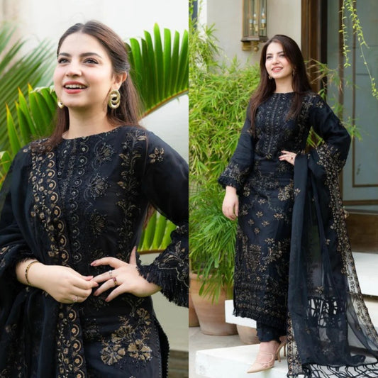 3PCS Black Linen Embroidered Shirt Winter Collection ULM-842