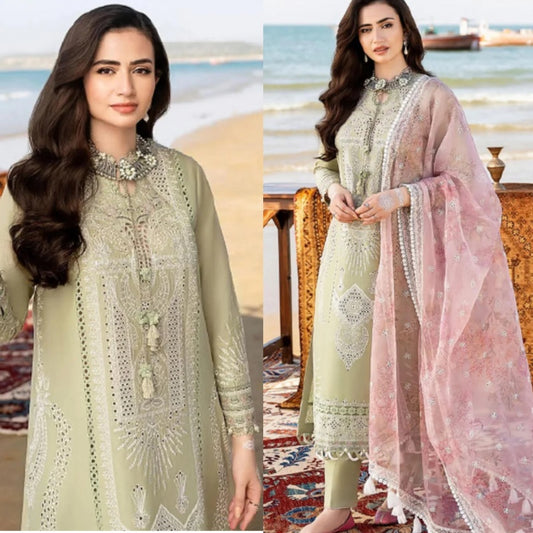 3PCS Embroidered Shirt with Digital Printed Organza Dupatta Lawn Collection ULM-1258