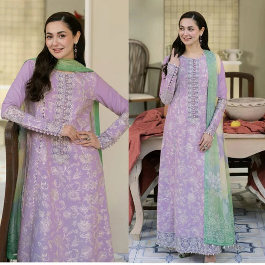 3PCS Embroidered Shirt with Digital Printed Jacquard Dupatta Lawn Collection BULM- 1376