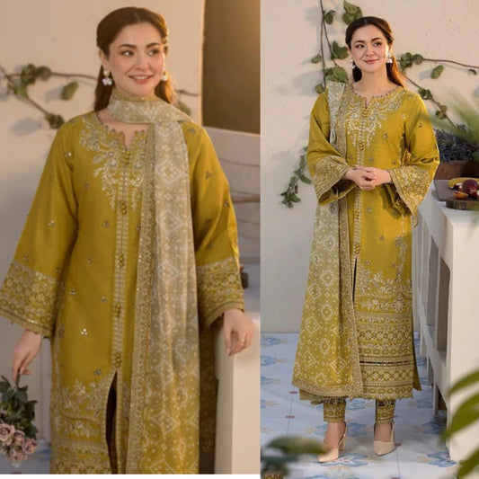 3PCS Embroidered Shirt with Digital Printed Jacquard Dupatta Lawn Collection BULM- 1324