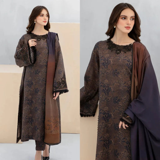 3PCS BAROQUE KARANDI PRINTED SHIRT WITH KARANDI PRINTED DUAPTTA AND TROUSER Winter Collection ULM-804