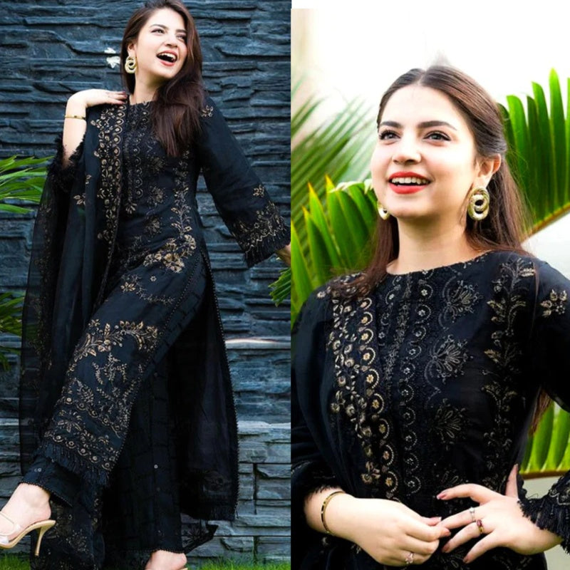 A+ 3PCS Embroidered Shirt with Organza Embroidered Dupatta Lawn Collection BULM- 1020