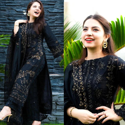 A+ 3PCS Embroidered Shirt with Organza Embroidered Dupatta Lawn Collection BULM- 1020