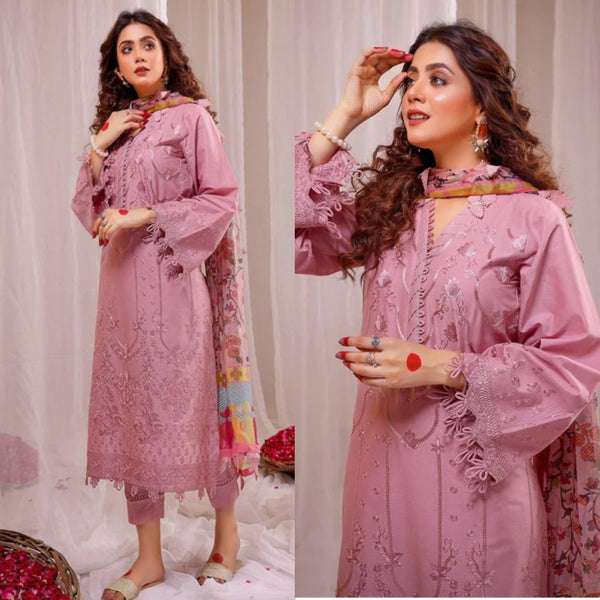 3PCS SAFWA Embroidered With Digital Printed Dupatta Lawn Collection ULM-1041