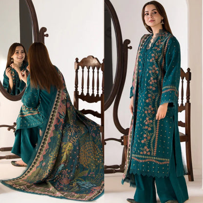A+ 3PCS SOBIA NAZIR - DHANAK EMBROIDERED SHIRT WITH TWILL PRINTED SHAWL AND TROUSER Winter Collection ULM-685