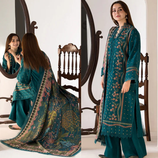 3PCS SOBIA NAZIR - DHANAK EMBROIDERED SHIRT WITH TWILL PRINTED SHAWL AND TROUSER Winter Collection ULM-685