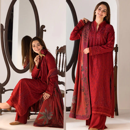 3PCS SOBIA NAZIR - DHANAK EMBROIDERED SHIRT WITH TWILL PRINTED SHAWL AND TROUSER Winter Collection ULM-688