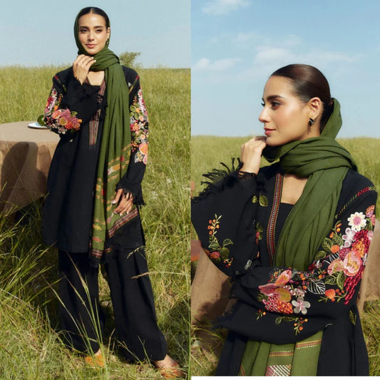 3PCS ZARA SHAHJAHAN Dhanak Embroidered Shirt With Digital Printed Shawl Winter Collection ULM-294