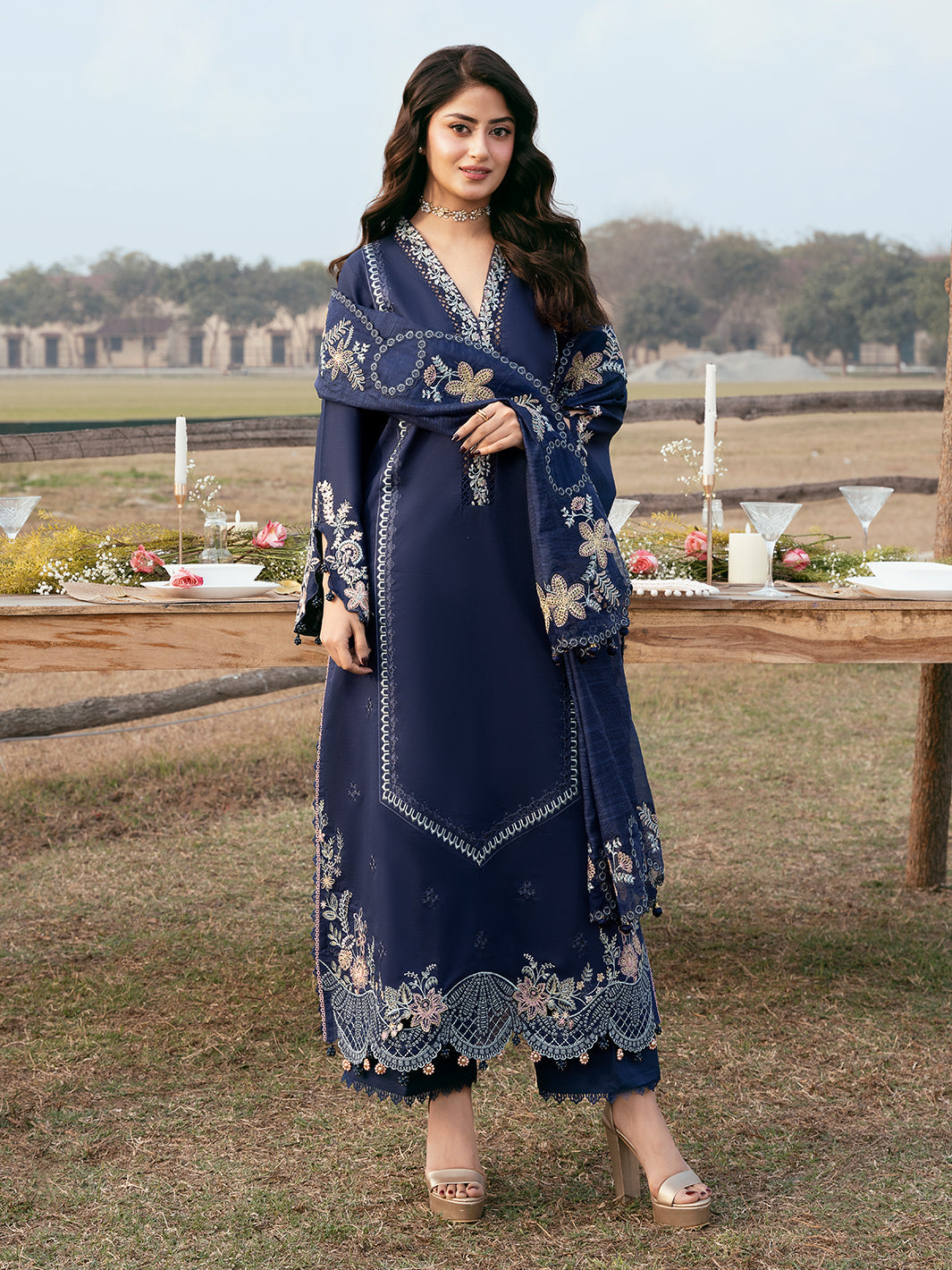 Dhanak-3PC Embroidered Shirt with Khadi Net Embroidered Dupatta - 6270