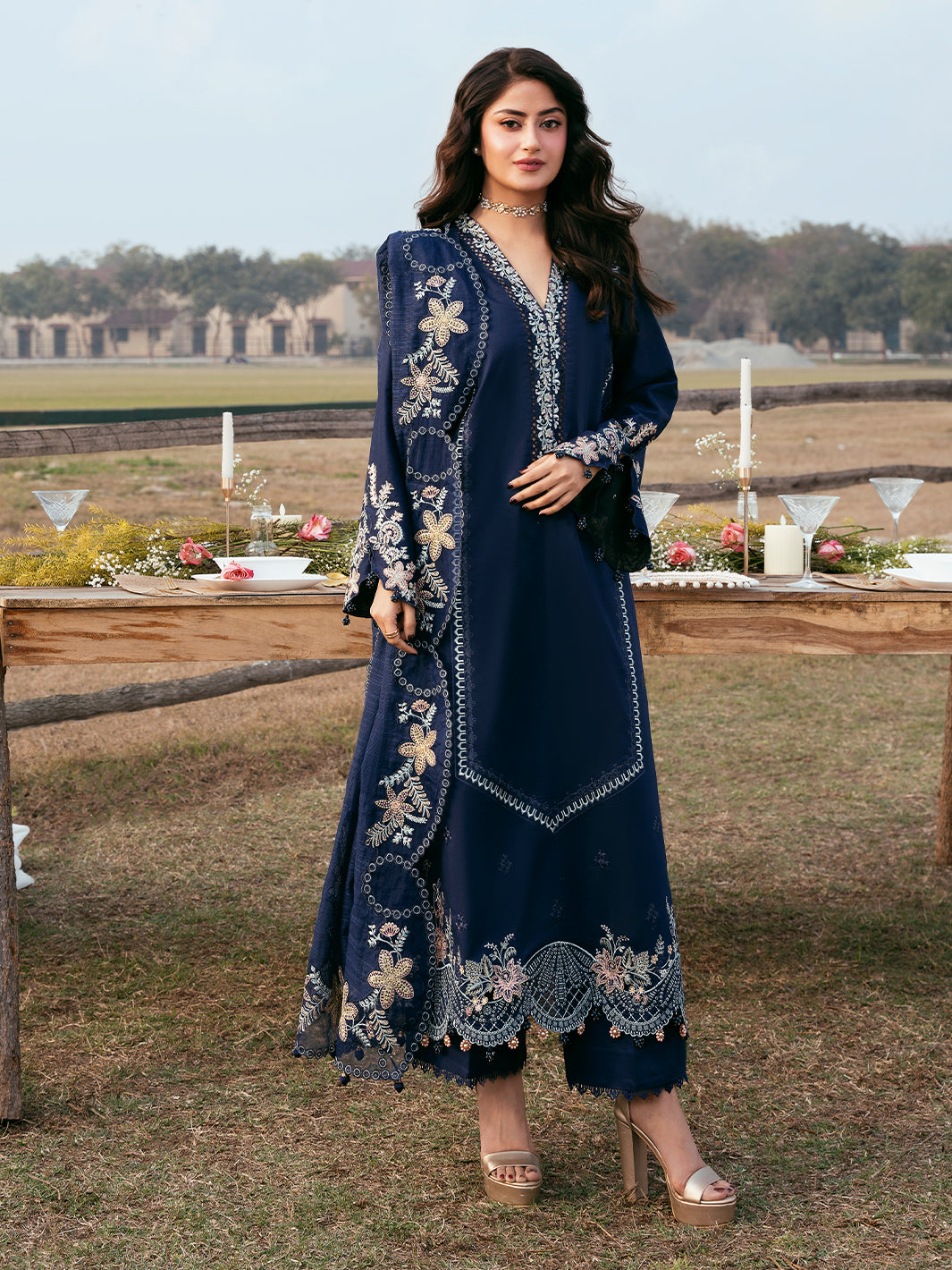 Dhanak-3PC Embroidered Shirt with Khadi Net Embroidered Dupatta - 6270