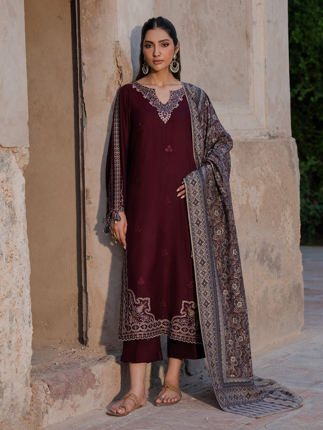 Dhanak-3PC Embroidered Shirt with Digital Printed Wool Shawl - 6047