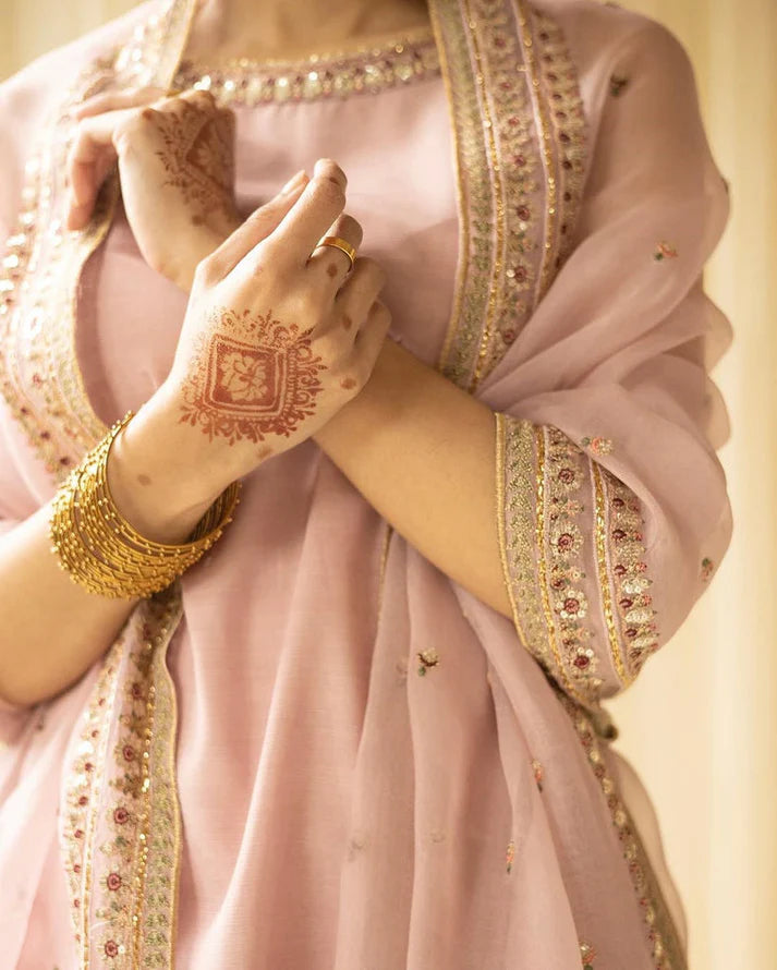 A+ 3PCS Dhanak Embroidered Shirt with Organza Sequins Embroidered Dupatta Winter Collection ULM- 3342