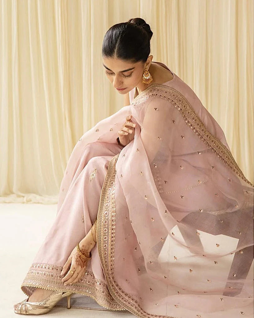 A+ 3PCS Dhanak Embroidered Shirt with Organza Sequins Embroidered Dupatta Winter Collection ULM- 3342