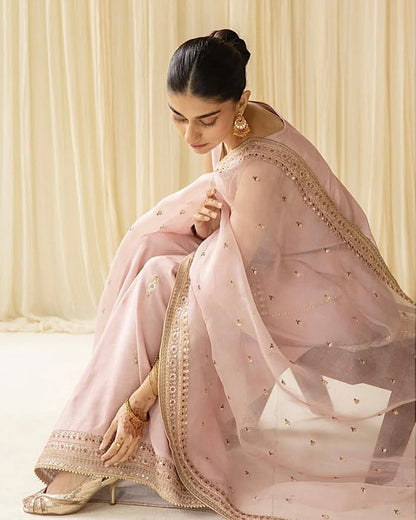 A+ 3PCS Dhanak Embroidered Shirt with Organza Sequins Embroidered Dupatta Winter Collection ULM- 3342