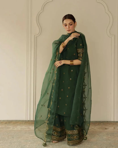 3PCS Dhanak-Embroidered Shirt with Organza Sequence Embroidered Dupatta Winter Collection ULM- 3444