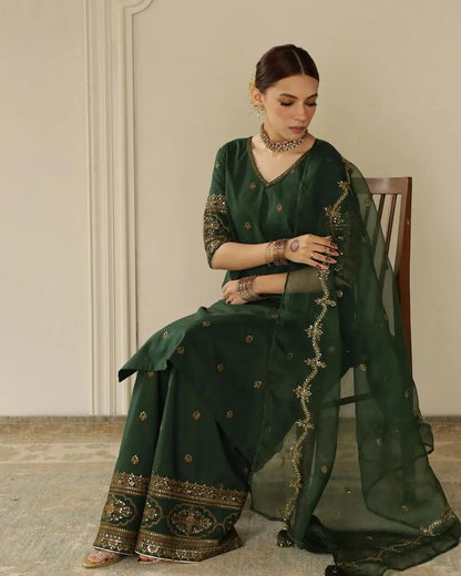3PCS Dhanak-Embroidered Shirt with Organza Sequence Embroidered Dupatta Winter Collection ULM- 3444