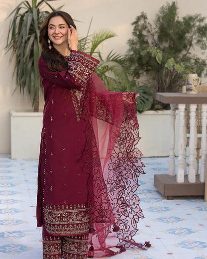 3PCS Dhanak- Embroidered Shirt with Organza Embroidered Dupatta Winter Collection ULM- 3285