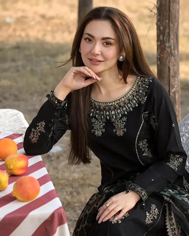 A+ 3PCS Dhanak Embroidered Shirt with Digital Printed Silk Dupatta Winter Collection ULM-3283