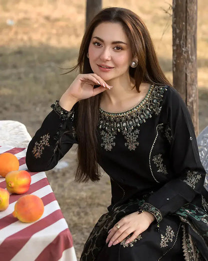 A+ 3PCS Dhanak Embroidered Shirt with Digital Printed Silk Dupatta Winter Collection ULM-3283