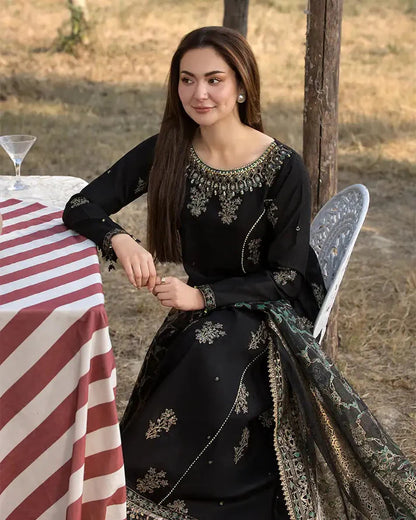 A+ 3PCS Dhanak Embroidered Shirt with Digital Printed Silk Dupatta Winter Collection ULM-3283