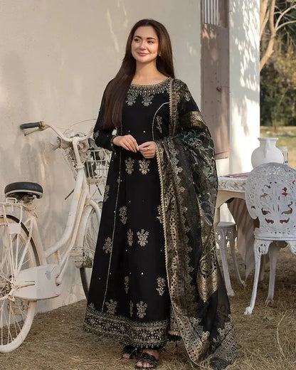 A+ 3PCS Dhanak Embroidered Shirt with Digital Printed Silk Dupatta Winter Collection ULM-3283