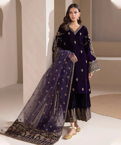 3PCS Velvet-Embroidered with Organza Embroidered Dupatta Winter Collection ULM-953