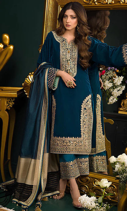 3PCS Velvet Embroidered Shirt With Organza Dupatta Velvet Collection- 300