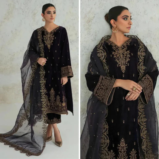 3PCS Velvet Dress With Embroidered Organza Dupatta Velvet Winter Collection 966