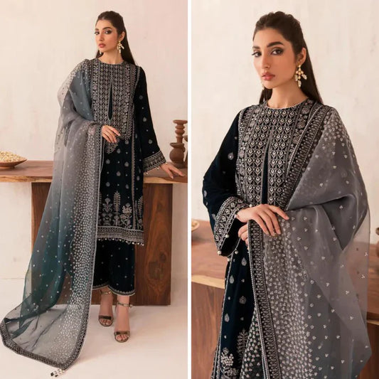 3PCS Velvet Embroidered Dress With Embroidered Organza Dupatta Velvet Winter Collection 962