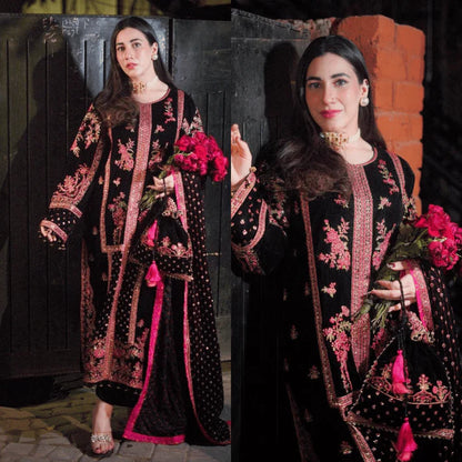 3PCS Embroidered Velvet Dress with Embroidered Dupatta Velvet Winter Collection 7007