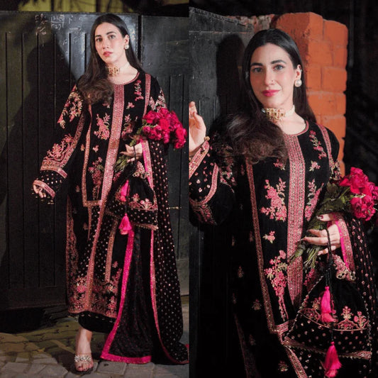 3PCS Embroidered Velvet Dress with Embroidered Dupatta Velvet Winter Collection 7007