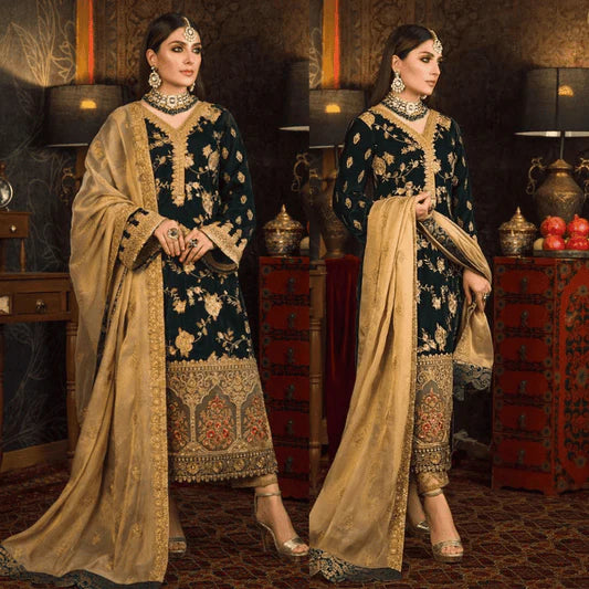 3PCS Velvet Embroidered Shirt With Organza Embroidered Dupatta Velvet Winter Collection 983