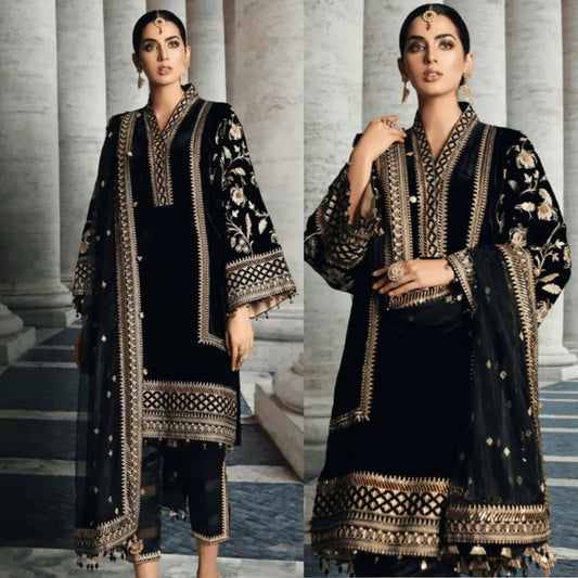 3PCS Velvet Embroidered Dress With Organza Embroidered Shawl Velvet Winter Collection 969