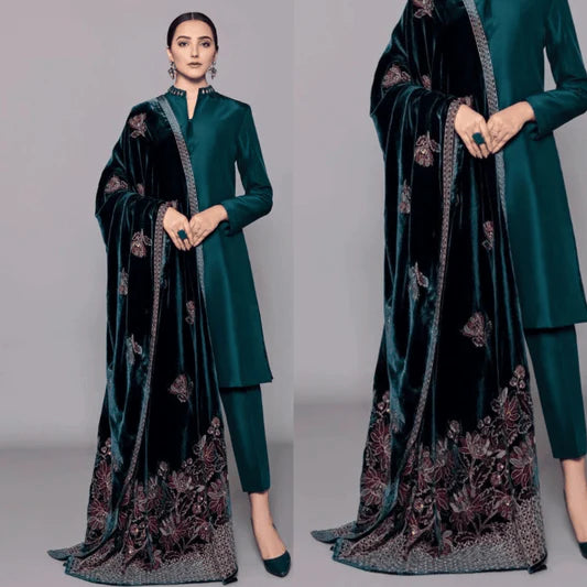 3PC Shamoz Silk Dress Embroidered Velvet Shawl Winter Collection - 982