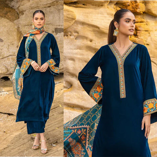 3PCS Embroidered Velvet Dress with Printed Karandi shawl Velvet Winter Collection 430