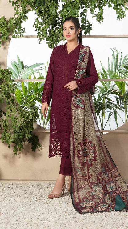 A+ 3PCS Chikenkari Mehroon Embroidered Lawn Collection D-762