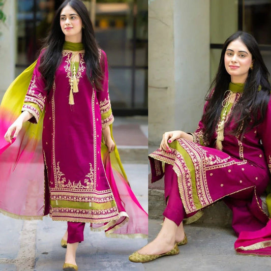 3PCS Omal By Komal Linen Embroidered With Chiffon Dye N Dye Dupatta Winter Collection ULM-1311