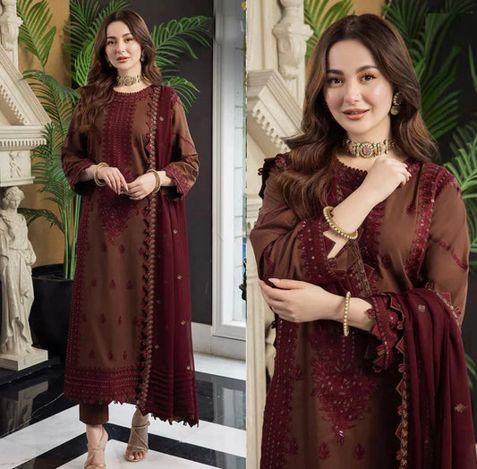 3PCS Asim Jofa Dhanak  Embroidered With Chiffon Embroidered Dupatta Winter Collection ULM-128