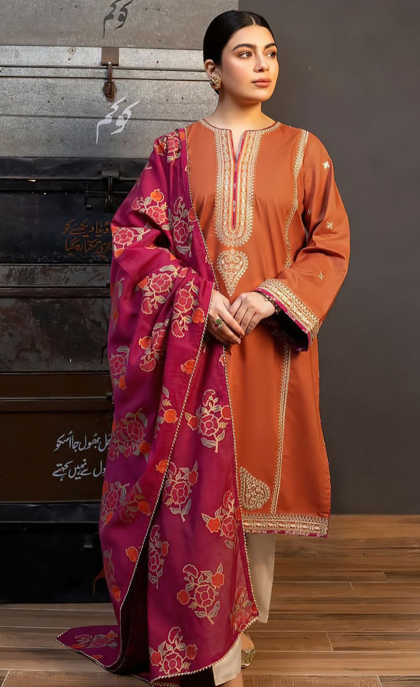 Dhanak-3PC Embroidered Shirt with Digital Printed Shawl - 691
