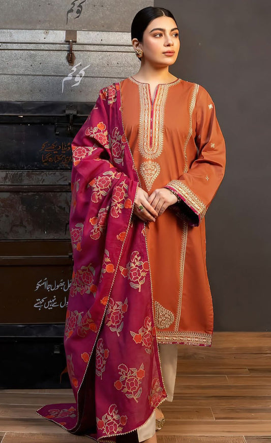 Dhanak-3PC Embroidered Shirt with Digital Printed Shawl - 691