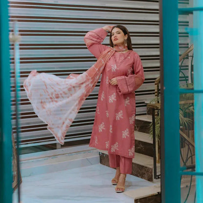 Dhanak-3PC Embroidered Shirt with Digital Printed Shawl - 3330