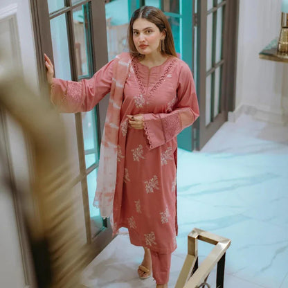 Dhanak-3PC Embroidered Shirt with Digital Printed Shawl - 3330